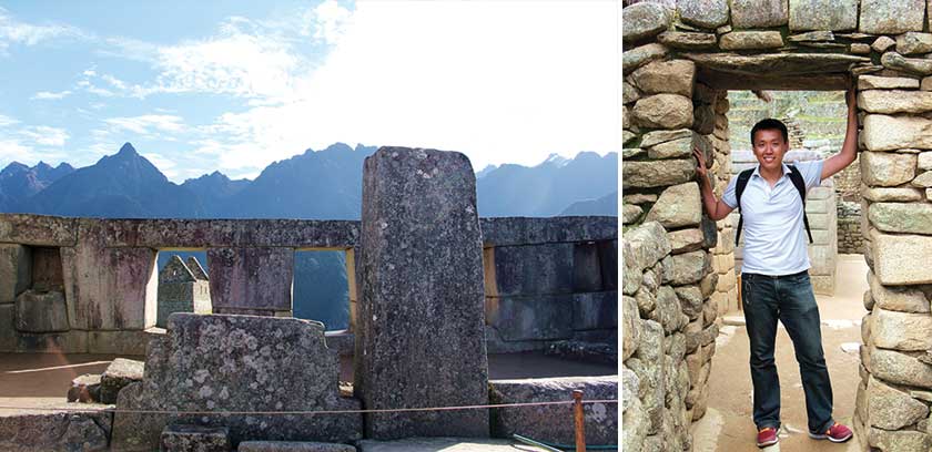 The Temple of the Three Windows (left). The writer standing in a stone doorway that has withstood earthquakes (right). 