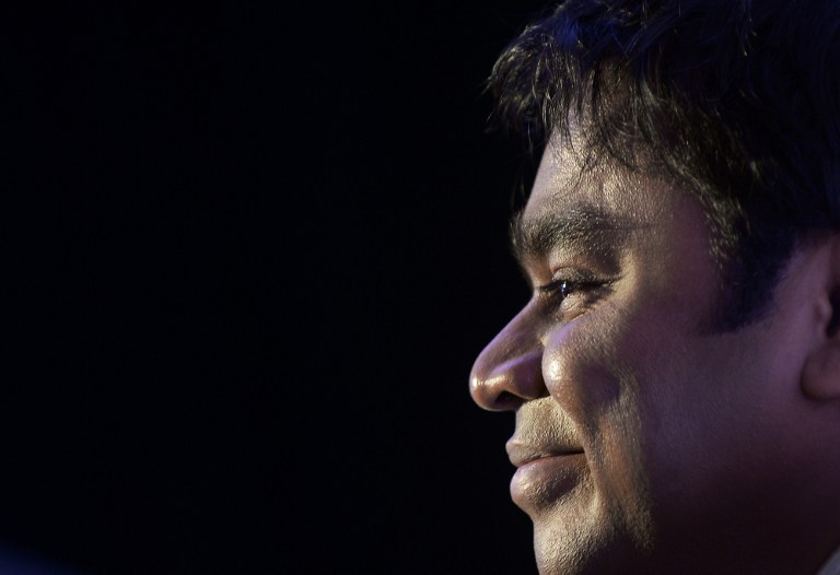 Indian composer, musician , and music producer , AR Rahman, looks on during the press conference to promote the 'Rahmanishq' music concert in Kolkata, on September 30, 2013. u00e2u20acu201d AFP