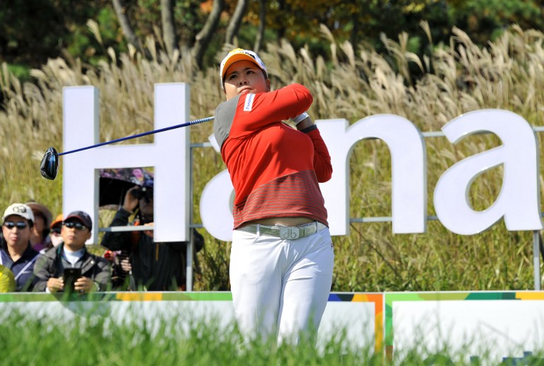Park In-Bee of South Korea tees off at the 9th hole during the first round of the LPGA KEB-HanaBank Championship golf event at the Sky72 Golf Club in Incheon, west of Seoul, on October 18, 2013.  u00e2u20acu201d AFP pic