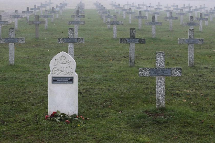 The tombstone of a Muslim soldier is seen at the Silberloch World War One Military cemetery at the Vieil Armand Hartmannswillerkopf memorial in the Alsace region November 13, 2013 where around 30,000 French and German soldiers died in the Vosges mountain 