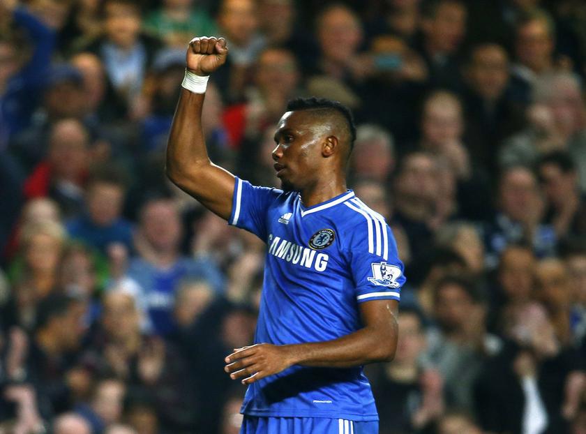 Chelsea's Samuel Eto'o celebrates after scoring a goal against Tottenham Hotspur during their English Premier League football match at Stamford Bridge in London March 8, 2014.  u00e2u20acu201d Reuters pic