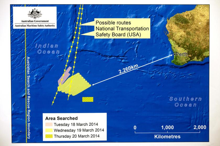 A diagram showing the search area for Malaysia Airlines Flight MH370 in the southern Indian Ocean is seen during a briefing by the Australian Maritime Safety Authority (AMSA), in Canberra March 20, 2014. u00e2u20acu201d Reuters pic