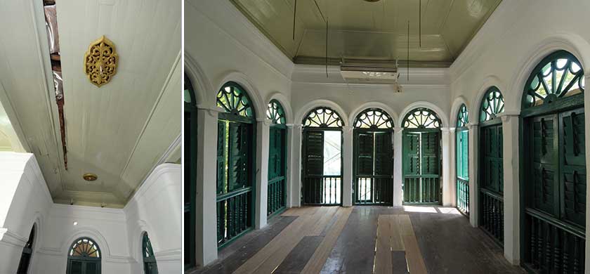 The ornate gilded rose on the ceiling is still intact but parts of the ceiling are leaking and need to be repaired (left). Much of the moulded cornices and the embellishments in the 150-year-old mansion is still intact (right)