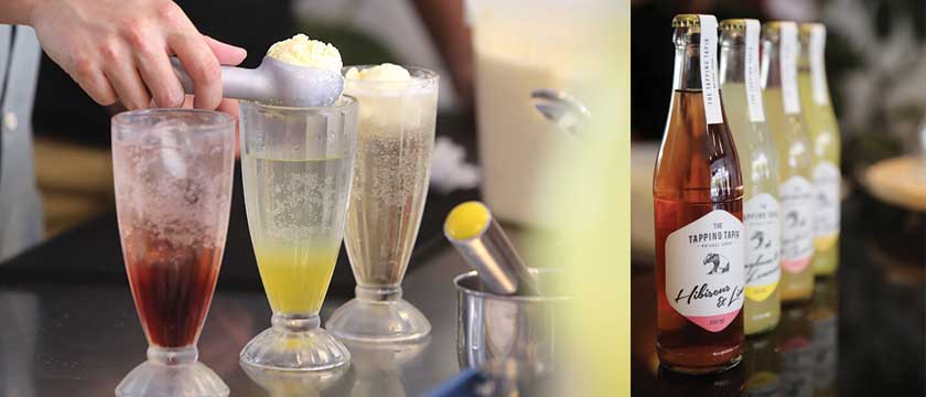 A simple soda is transformed into a velvety float by adding a scoop of ice cream (left). The Tapping Tapir sodas (right) are made with local spices, herbs and flowers.
