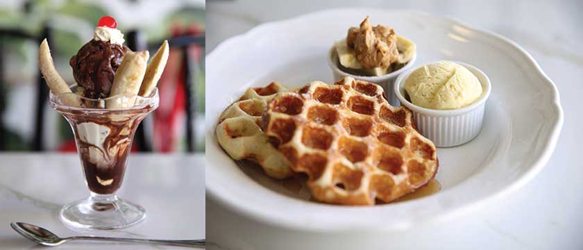 The kid in you won’t be able to resist plucking the cherry off the top of this banana split sundae (left). Try a sourdough waffle served with peanut butter, fresh banana and a drizzle of local honey (right).