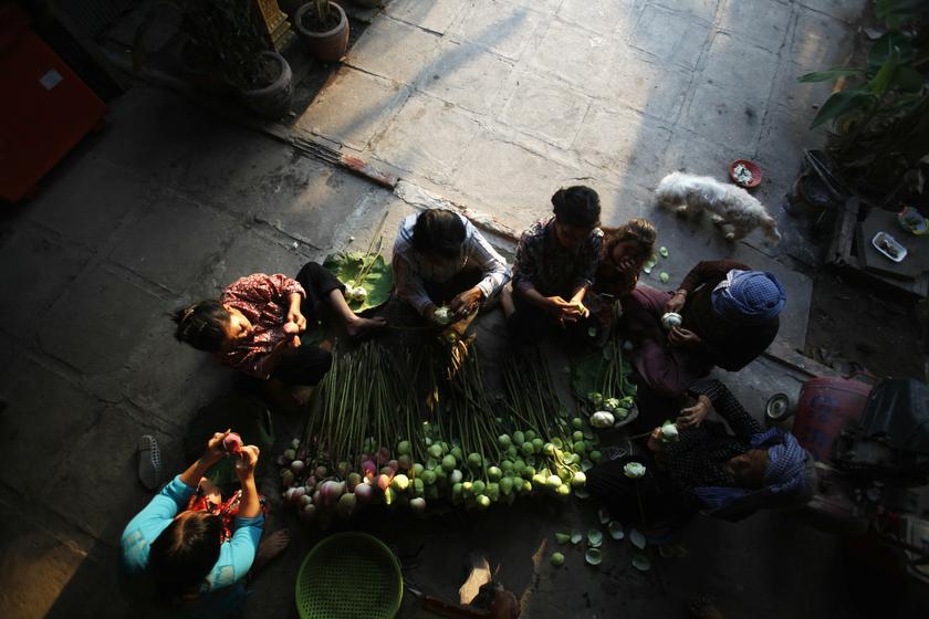 Residents of Boeung Kak Lake prepare lotus flowers before a Buddhist ceremony, praying for the release of 21 detainees who have been jailed since January 3, as well as special prayers for the missing Malaysia Airlines MH370 in Phnom Penh March 17, 2014. u00e2