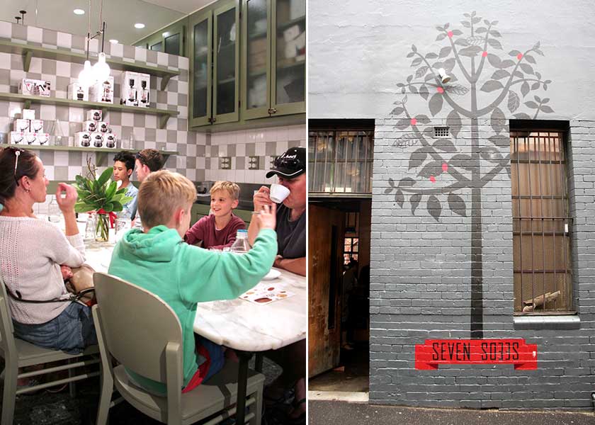 The clean lines of the shop give it an authentic laboratory-like ambiance (left). This coffee tree tells the story of Baba Budan, a famous Sufi who smuggled seven coffee seeds from Yemen into India during the 17th century (right).