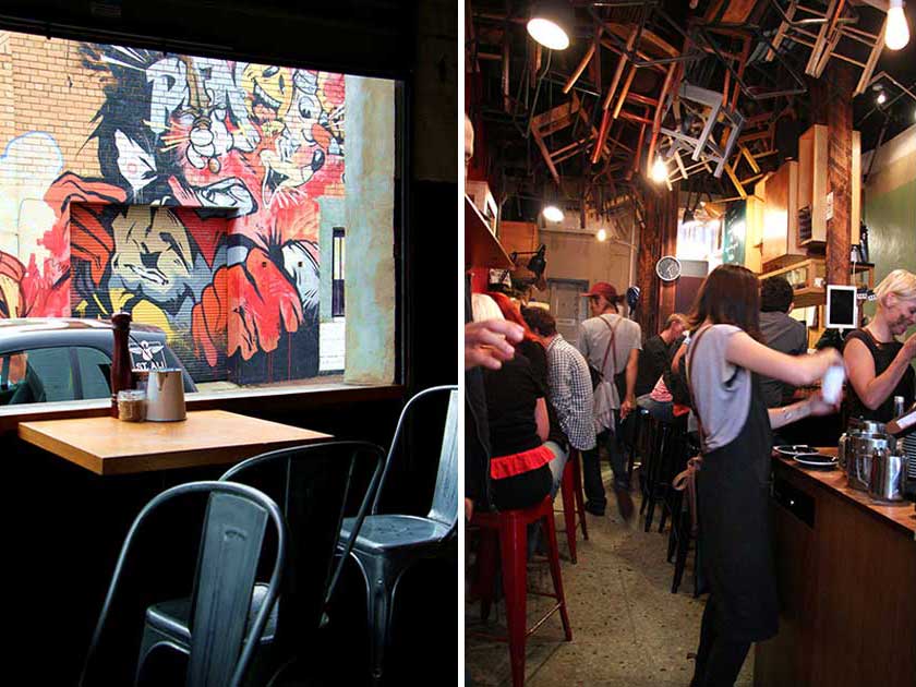 A view of the graffiti-covered roller doors outside St. Ali (left). Look out for the chairs hanging from the ceiling! (right)
