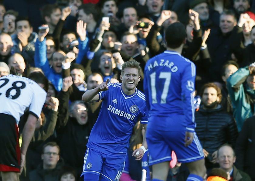 Chelsea's Andre Schurrle (centre) celebrates after scoring a goal against Fulham during their English Premier League  match at Craven Cottage in London March 1, 2014. u00e2u20acu201d Reuters pic