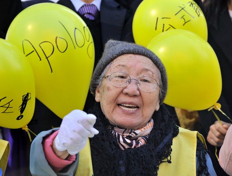 An elderly South Korean woman, who was forced to serve as a sex slave for Japanese troops during World War II, shouts slogans during a weekly protest outside the Japanese embassy in Seoul, October 19, 2011. u00e2u20acu201d AFP pic