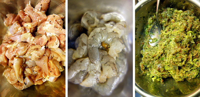 Fresh meat and raw prawns are minced, then combined with hand-squeezed cabbage and herb mash to make up the gyoza filling