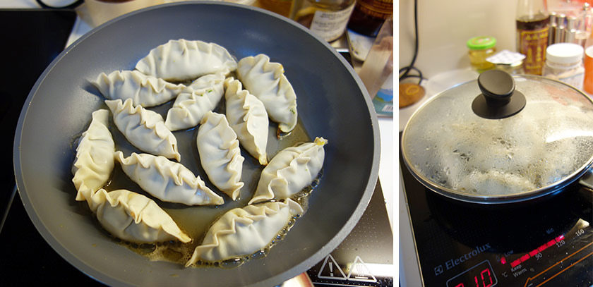 Fried for 2 minutes, then steamed in the same pan – and the result is perfect home-made gyozas!