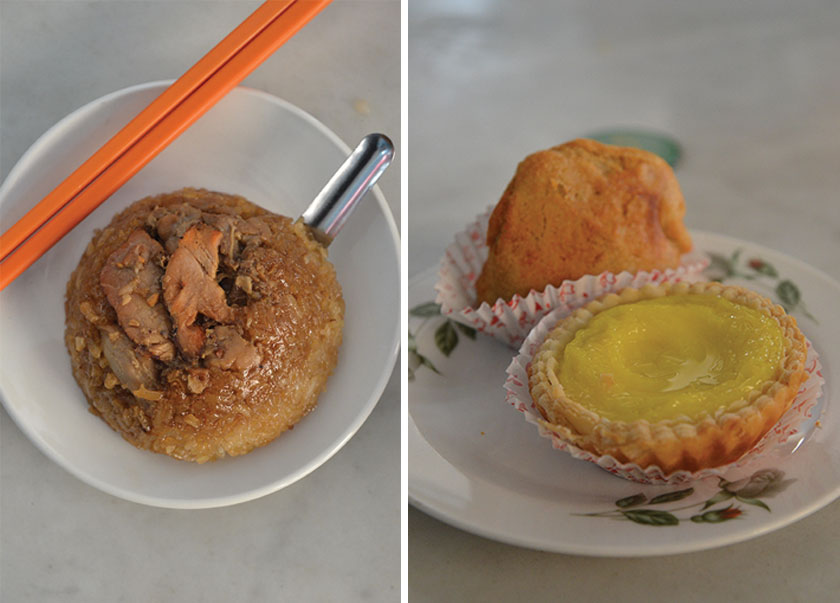 Enjoy the moist and delicious lor mai gai or glutinous rice with chicken and mushrooms (left). For breakfast, you can order egg tarts and yam puffs (right)