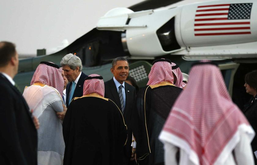 US Secretary of State John Kerry (left) and US President Barack Obama are greeted upon their arrival on Marine One for a meeting with Saudi King Abdullah at Rawdat al-Khraim (Desert Camp) near Riyadh in Saudi Arabia, March 28, 2014. u00e2u20acu201d Reuters pic 