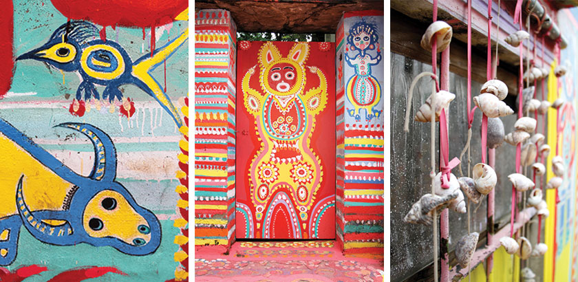 (From leftt) Is it a bull or is it a bird?, A fantastic creature greets you at every doorway, Strings of shells offer a nice contrast to the paintwork.