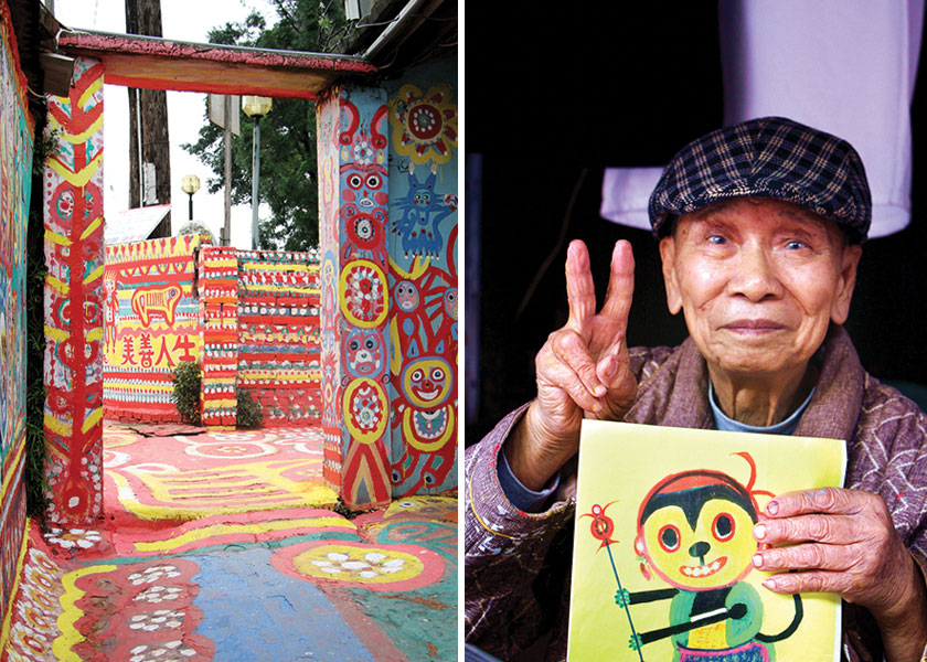 Enter this magical realm where all the walls, roofs and even streets are painted (left) Grandpa Huang, the artist behind the Rainbow Village, with one of his paintings (right).