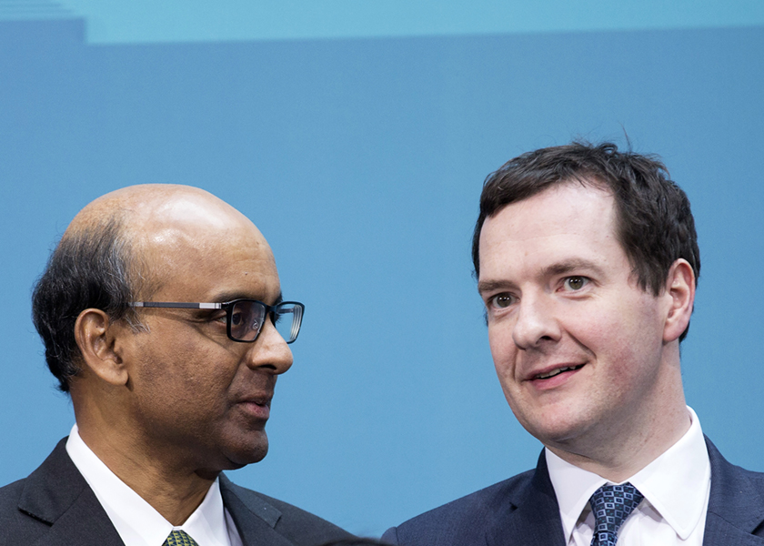 Singaporeu00e2u20acu2122s Finance Minister Tharman Shanmugaratnam speaks with Britainu00e2u20acu2122s Chancellor of the Exchequer George Osborne during the IMF/World Bank 2014 Spring Meeting in Washington, April 12, 2014. u00e2u20acu201d Reuters pic