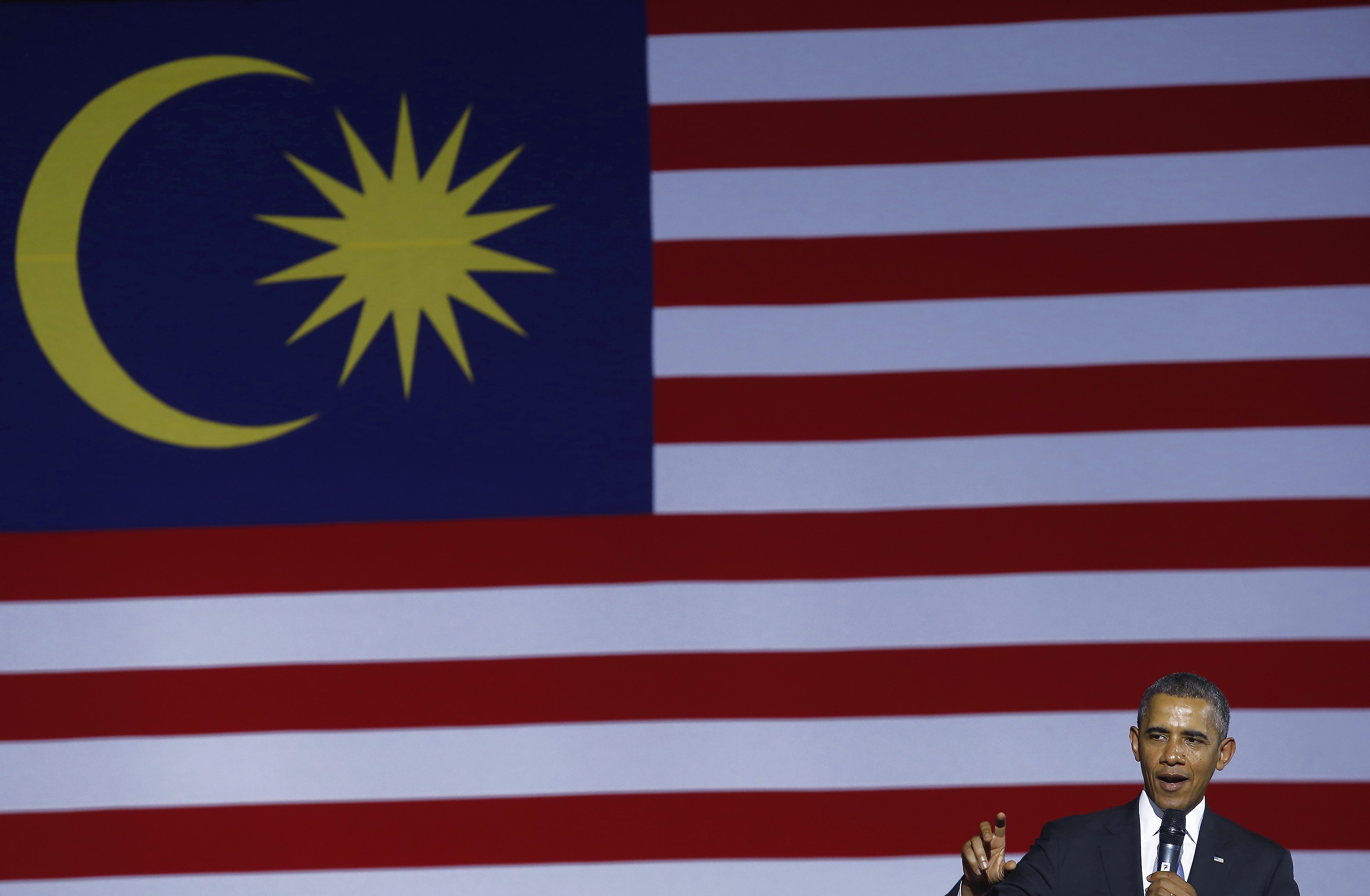 US President Barack Obama answers questions from a member of the audience at the Young Southeast Asian Leadership Initiative (YSEALI) Town Hall inside the University of Malaya in Kuala Lumpur April 27, 2014. u00e2u20acu201d Reuters pic