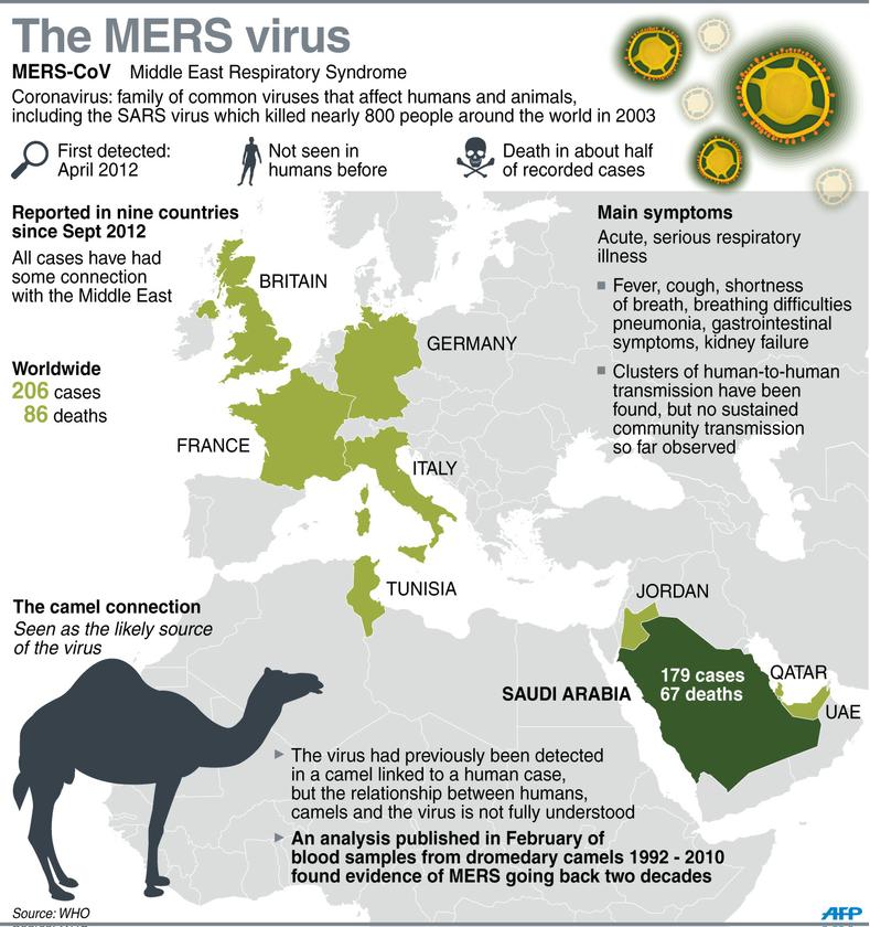 Graphic shows the outbreak of the MERS virus, first detected in April 2012. Saudi Arabia is the worst affected country where the death of the 67th victim was announced April 16, 2014.