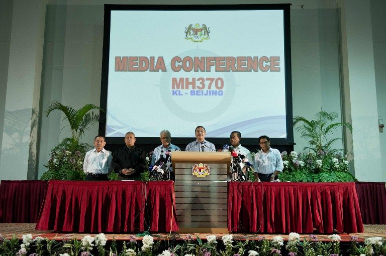 Malaysian Minister of Defence and Acting Transport Minister Hishammuddin Hussein delivers a statement to the media on the missing Malaysia Airlines flight MH370 at the Putra World Trade Center (PWTC) in Kuala Lumpur. u00e2u20acu201d AFP pic