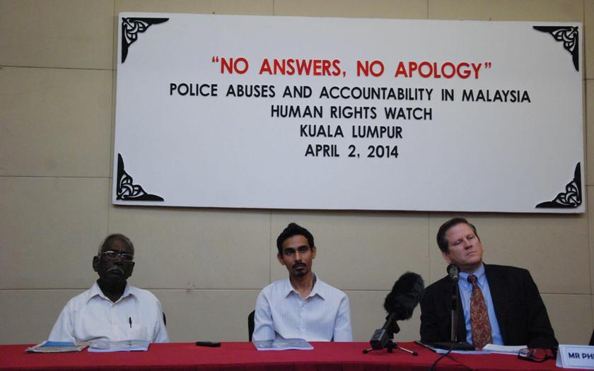 A. Kuppusamy (left), Ranjan Darmesena and Phil Robertson (right) from Human Rightsu00e2u20acu2122 Watch give a speech at the  u00e2u20acu02dcNo Answers, No Apology: Police Abuse and Accountability in Malaysiau00e2u20acu2122 press conference at Corus Hotel, April 2, 2014. u00e2u20acu2022 Picture by Yuso