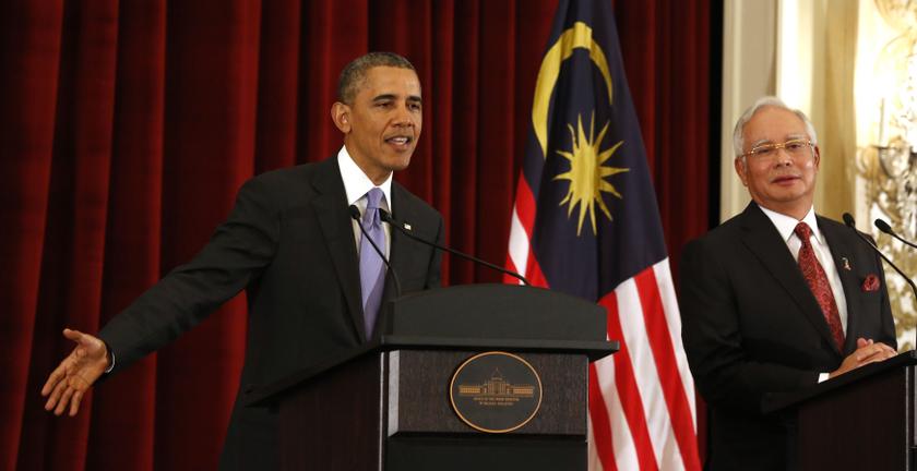 US President Barack Obama talks next to Malaysian Prime Minister Najib Razak as they both participate in a news press conference at the Perdana Putra Building in Putrajaya, April 27, 2014. u00e2u20acu201d Reuters pic
