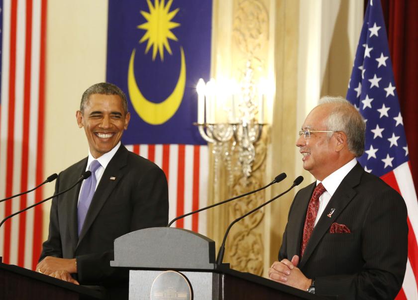 US President Barack Obama and Prime Minister Datuk Seri Najib Razak both smile as they participate in a joint news conference at the Perdana Putra Building in Putrajaya, , April 27, 2014. u00e2u20acu201d Reuters pic
