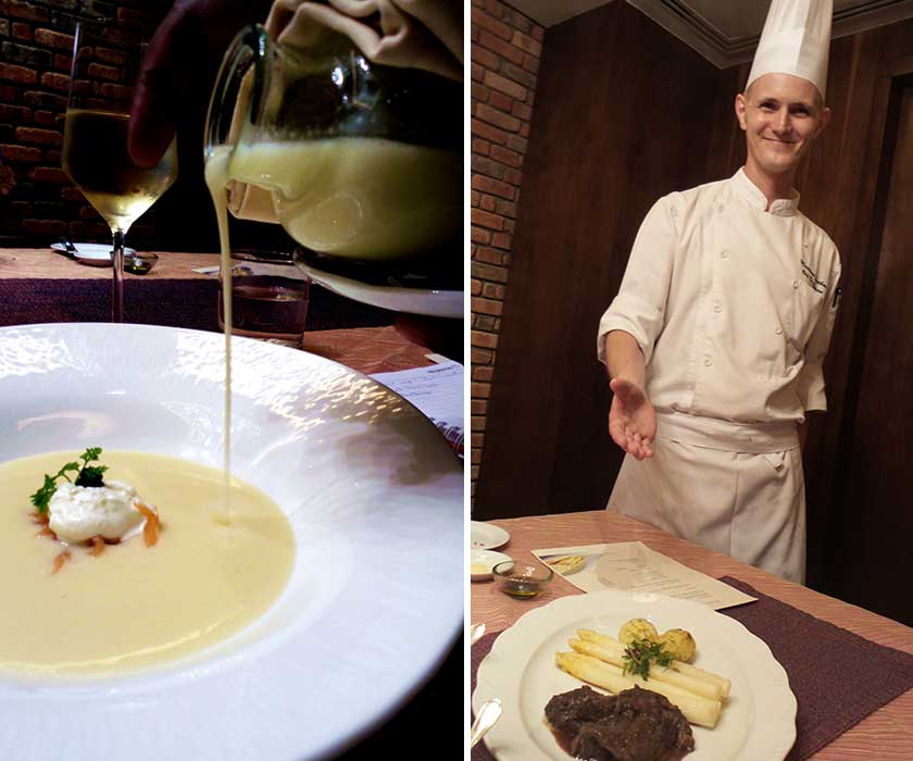 Caramelised white asparagus cream soup with smoked salmon and caviar (left). Chef Matthias invites you to try the braised beef cheeks with white asparagus (right)