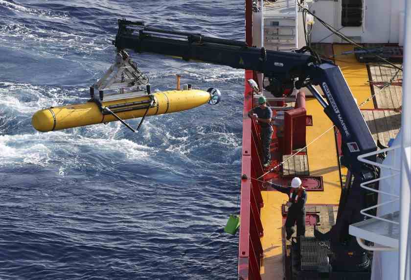 The Bluefin-21 Autonomous Underwater Vehicle is craned over the side of the Australian Defence Vessel Ocean Shield in the southern Indian Ocean during the continuing search for the missing Flight MH370, April 17, 2014. u00e2u20acu201d Reuters pic
