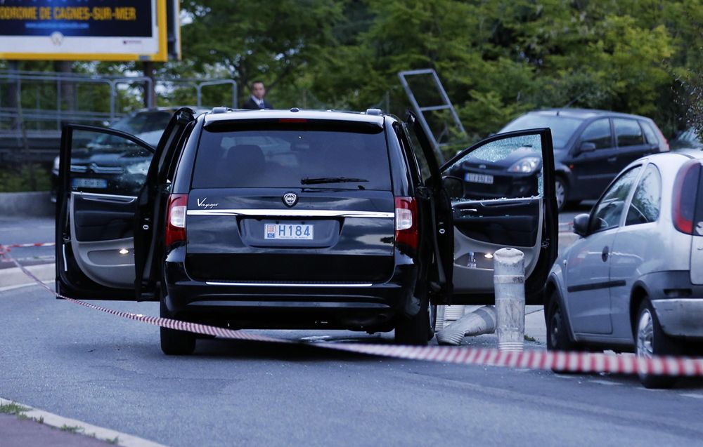 The car where Monaco heiress Helene Pastor and her driver were shot is seen outside the Archet hospital in Nice May 6, 2014. ― Reuters pic