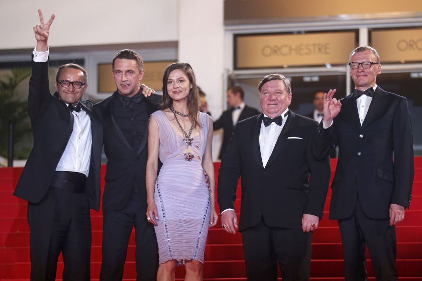(from left) Director Andrey Zvyagintsev, cast members Vladimir Vdovichenkov, Elena Lyadova, Roman Madyanov and Aleksey Serebryakov as they arrive for the screening of the film 'Leviathan' in Cannes May 23, 2014. u00e2u20acu201d Reuters pic