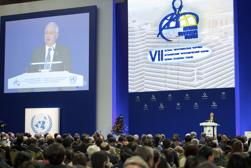 Prime Minister Datuk Seri Najib Razak delivers his keynote address at the 7th Astana Economic Forum and the 2nd World Anti-Crisis Conference in Astana, on May 23, 2014. u00e2u20acu201d Bernama pic