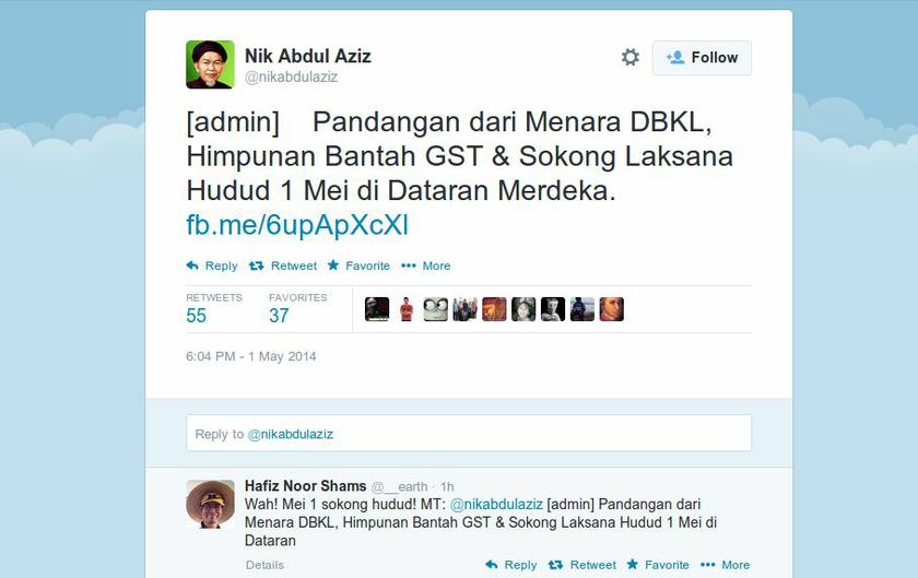 A screenshot of PAS Spiritual Advisor Datuk Nik Aziz Nik Matu00e2u20acu2122s message on Twitter.