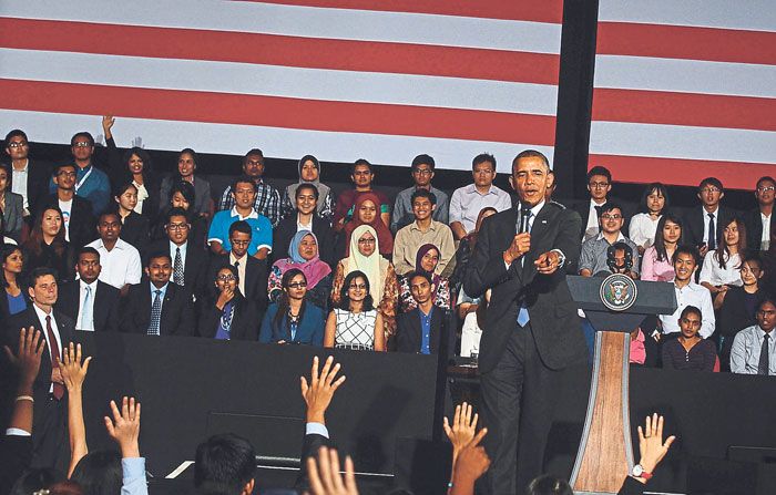 US President Barack Obama addresses young student leaders at the Young Southeast Asian Leadership Initiative meeting at University of Malaya, April 27, 2014. — AFP pic