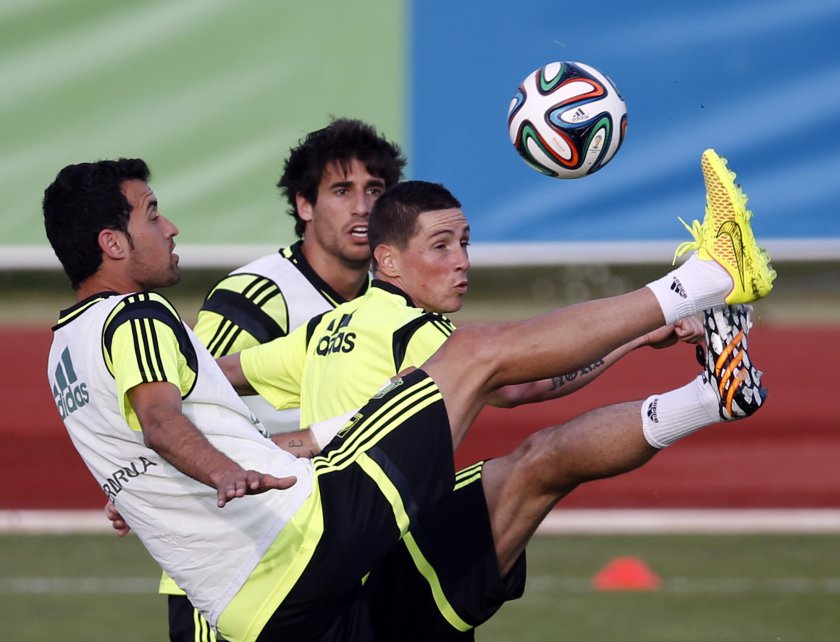 Fernando Torres (right) take part in a training session in preparation for the 2014 World Cup in Brazil, at Soccer City sports camp in Las Rozas, near Madrid, May 26, 2014. u00e2u20acu201d Reuters pic