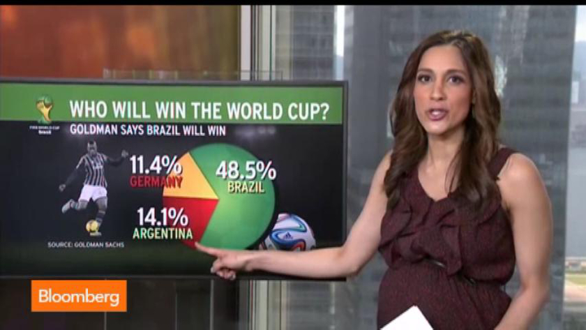 A screenshot of Bloomberg's Mia Saini on the 'Who will win the 2014 World Cup?' video. u00e2u20acu201d Bloomberg pic 