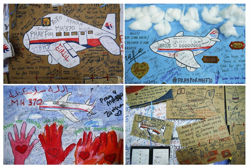 A combination photo shows drawings with messages of hope for passengers of missing Malaysia Airlines Flight MH370 at Kuala Lumpur International Airport (KLIA) outside Kuala Lumpur June 14, 2014. u00e2u20acu201d Reuters pic