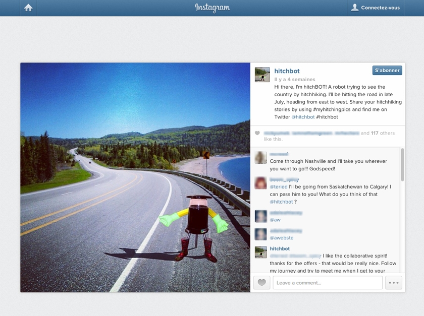 Equipped with built-in GPS technology, a camera and 3G connectivity, Hitchbot will be able to flag down its own rides as it makes its way across the country. u00e2u20acu201d Picture courtesy of Instagram