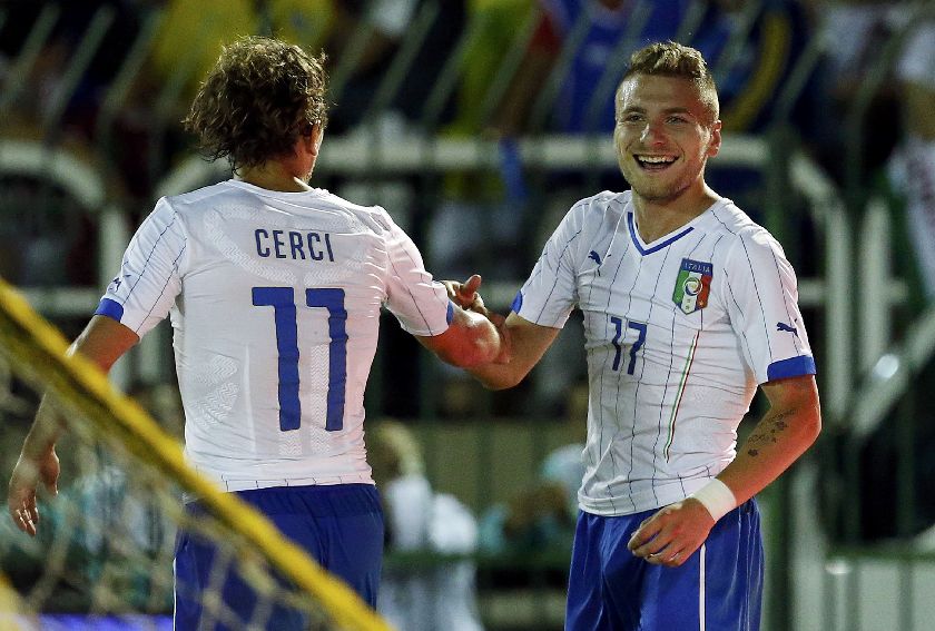 Italy's Ciro Immobile (R) celebrates with teammate Alessio Cerci after scoring a fourth goal against Fluminense during their friendly ahead of the 2014 World Cup at the Cidadania stadium in Volta Redonda, June 8, 2014 Reuters