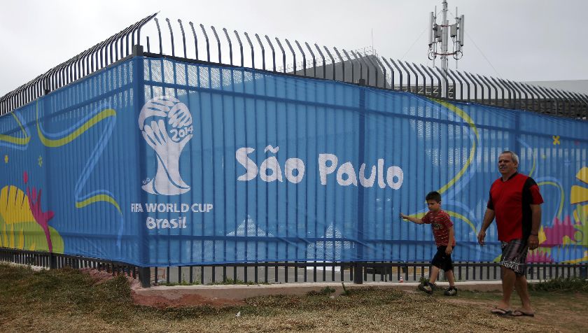 A section of the security fence put up around Arena de Sao Paulo stadium in Sao Paulo June 9, 2014. Brazil will face Croatia on Thursday for the opening match at the stadium.