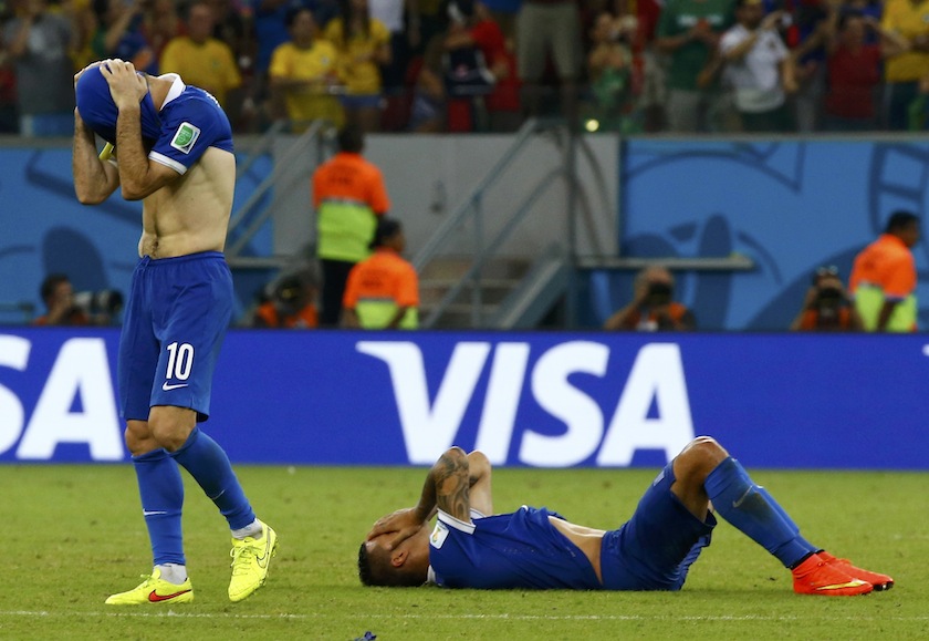 Greece's Giorgos Karagounis (left) and Jose Holebas react after losing the penalty shootout in their 2014 World Cup round of 16 game against Costa Rica at the Pernambuco arena in Recife June 30, 2014.u00c2u00a0u00e2u20acu201du00c2u00a0Reuters pic