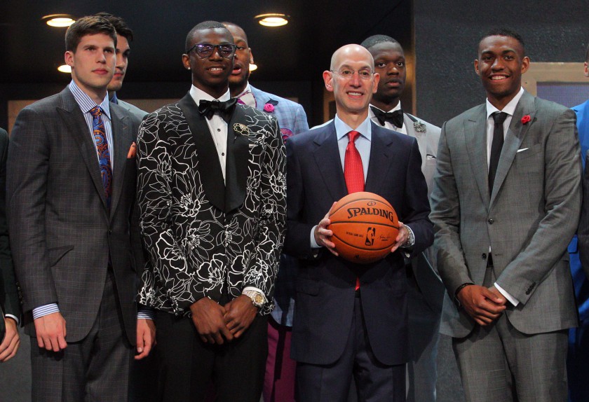 NBA commissioner Adam Silver (second right) poses with draft prospects (from left) Doug McDermott , Andrew Wiggins and Jabari Parker before the 2014 NBA Draft at the Barclays Center, Brooklyn, NY. u00e2u20acu201dBrad Penner-USA TODAY Sports/Reuters pic