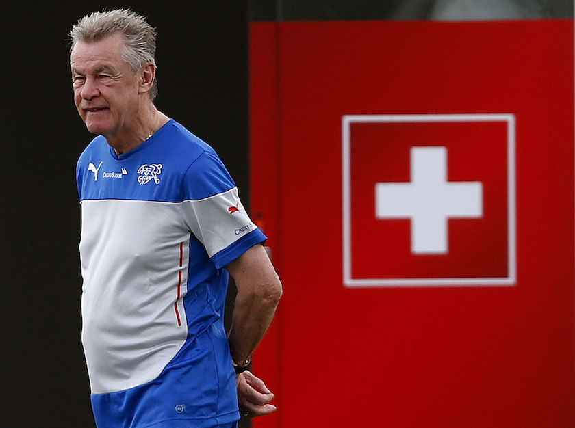 Switzerlandu00e2u20acu2122s national team coach Ottmar Hitzfeld attends a training session at the stadium in Porto Seguro June 21, 2014. u00e2u20acu201d Reuters pic