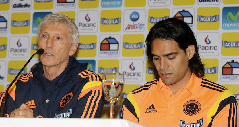 Colombia's national team coach Jose Pekerman, next to Radamel Falcao, announces the 23-man squad for the World Cup finals, in Buenos Aires June 2, 2014. u00e2u20acu201d Reuters pic