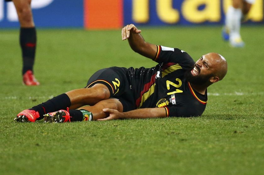 Belgium's Anthony Vanden Borre calls for a assistance during the 2014 World Cup Group H football match against South Korea at the Corinthians arena in Sao Paulo June 26, 2014. u00e2u20acu201d Reuters pic