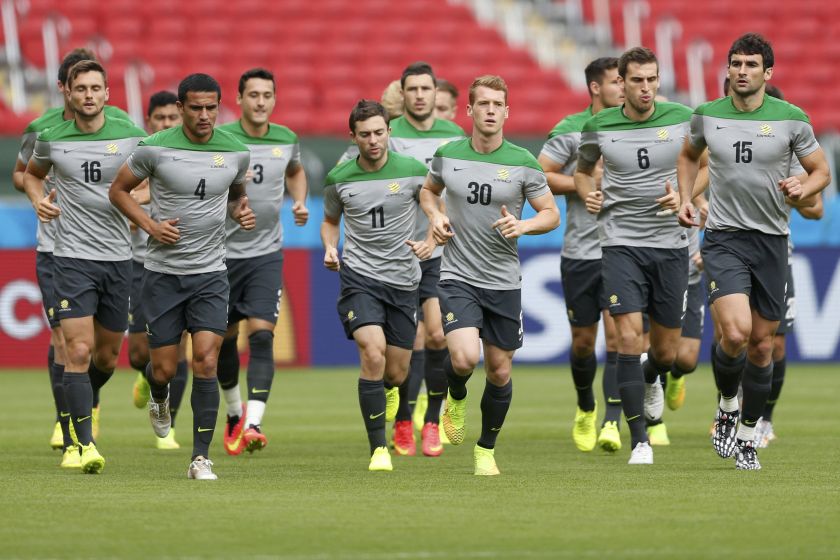 Australia's national football team run during a training session at Beira Rio stadium in Porto Alegre, June 18, 2014. u00e2u20acu201d Reuters pic