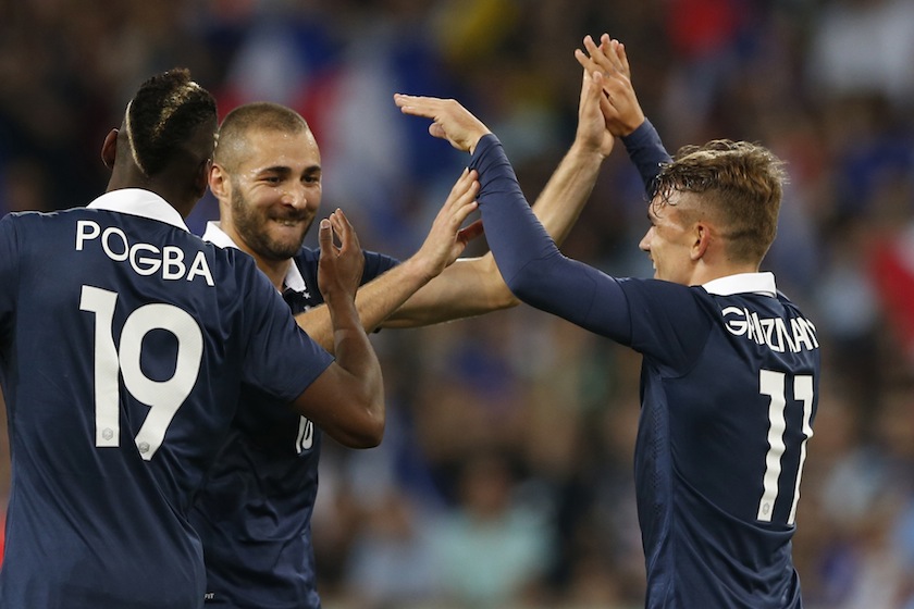 France's Antoine Griezmann (right) celebrates with team mates Paul Pogba (left) and Karim Benzema his goal against Jamaica during their friendly at Pierre Mauroy Stadium in Villeneuve d'Ascq June 8, 2014.u00c2u00a0u00e2u20acu201d Reuters pic