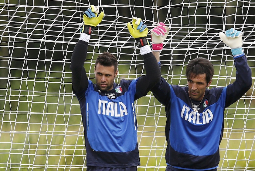 Italy's national goalkeepers Salvatore Sirigu (left) and Gianluigi Buffon look on during a training session ahead of the 2014 World Cup at the Portobello training centre in Mangaratiba June 11, 2014.u00c2u00a0u00e2u20acu201d Reuters pic