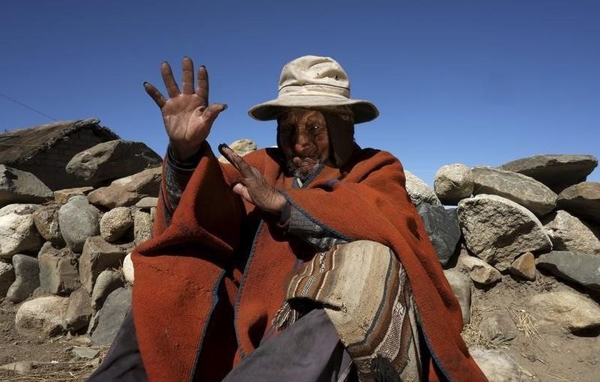 Aymara Indian Carmelo Flores gestures during an interview with Reuters TV in his hometown of Frasquia, 110km (68 miles) north of La Paz, August 16, 2013. u00e2u20acu201d Reuters pic