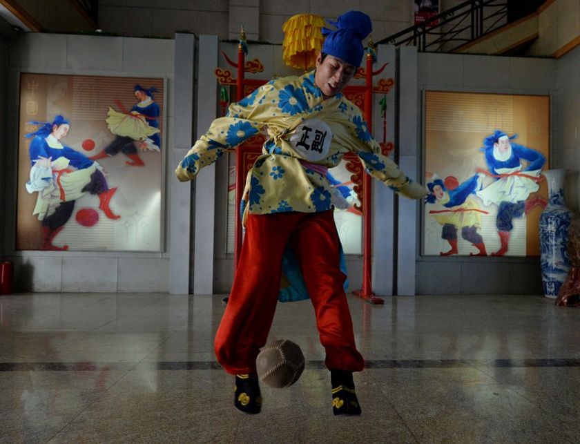 This picture taken on May 15, 2014 shows a traditional Chinese Cuju football player at the Linzi Football Museum in Zibo, Shandong Province. u00e2u20acu201d AFP pic